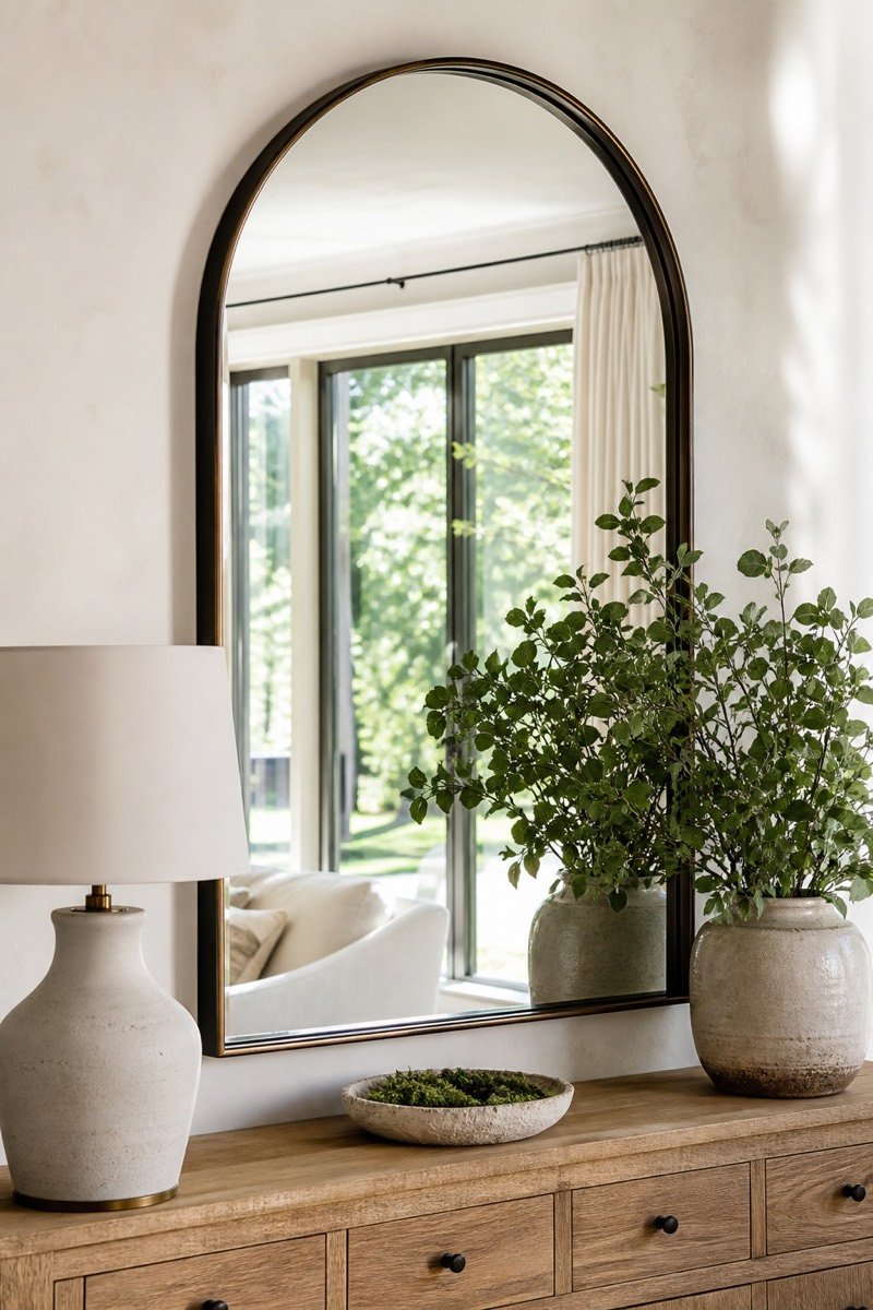 wavy statement wall mirror in an aesthetic bright room