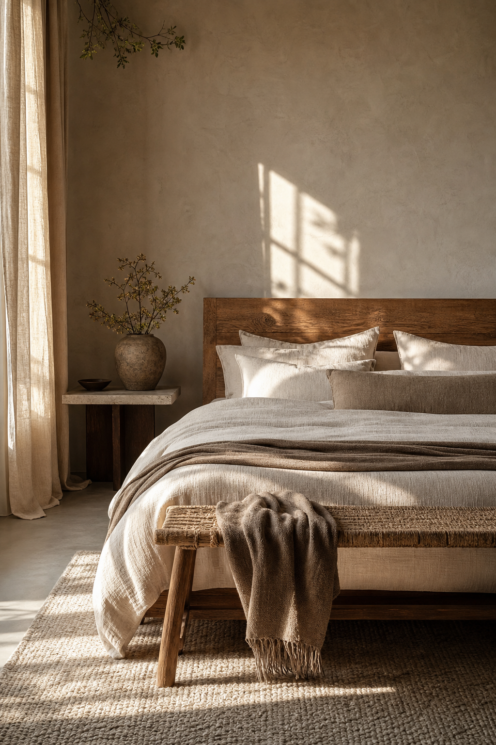 Minimal bedroom layered with oak, linen, wool, woven fibers, clay, stone, and matte plaster textures