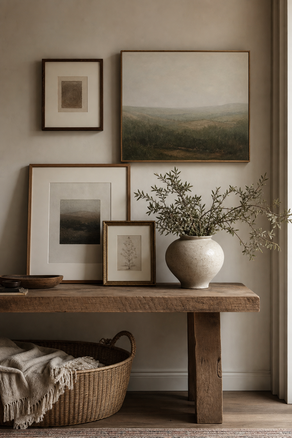 Collected framed art styled above a warm wood console