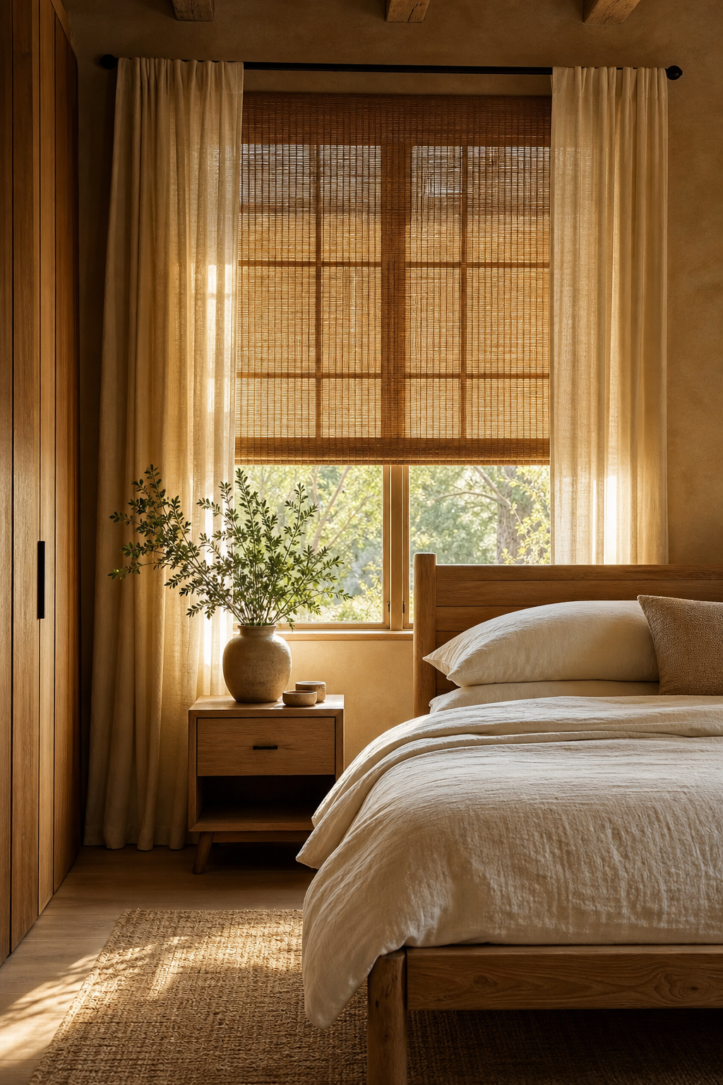 Earthy bedroom with bamboo woven shades, linen curtains, and filtered morning light