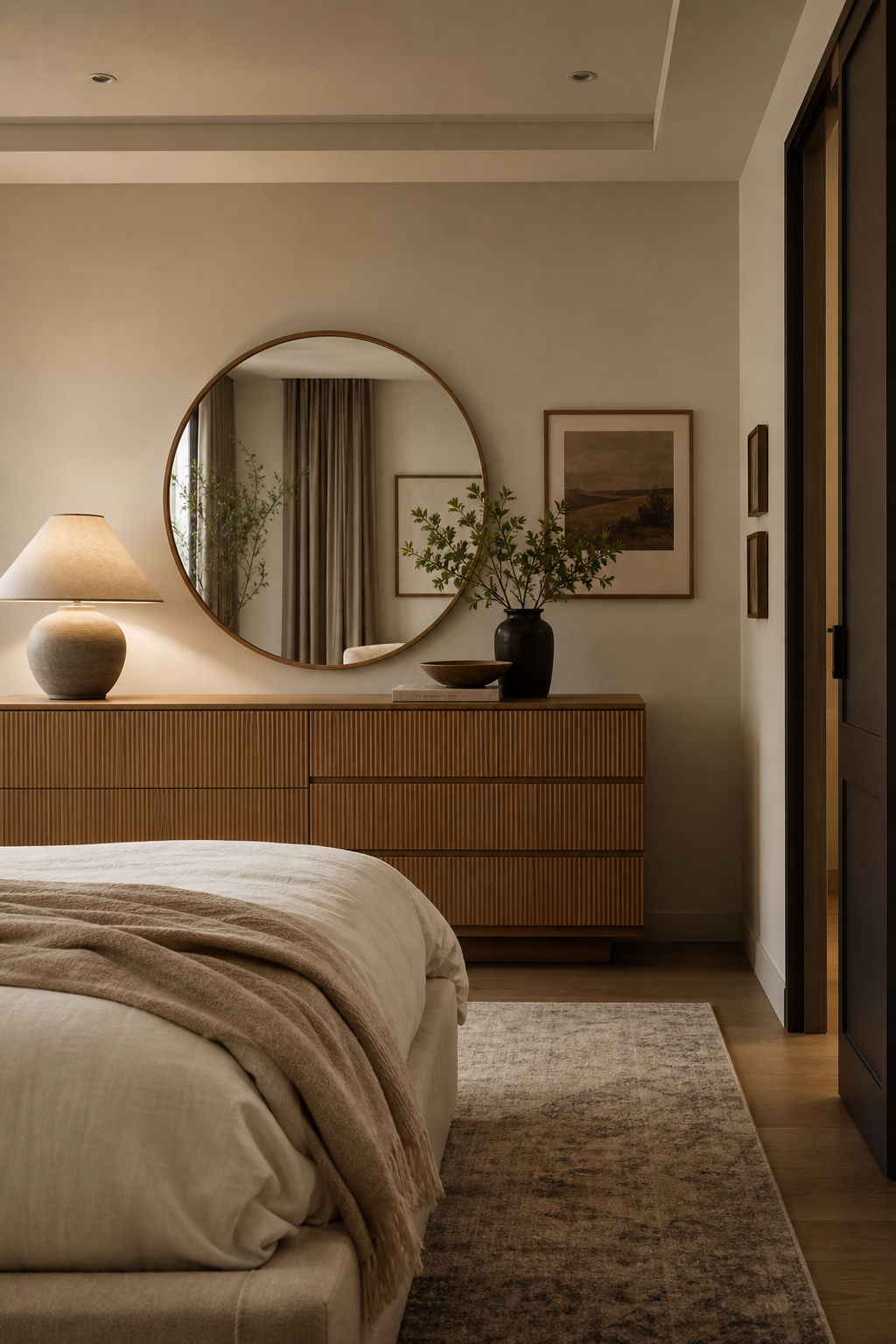 Sophisticated bedroom with low fluted oak dresser, ceramic lamp, framed artwork, and warm neutral styling
