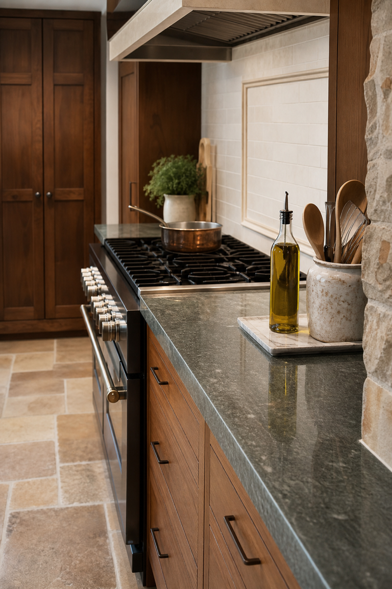 Kitchen range with clear narrow prep zone and warm wood cabinets
