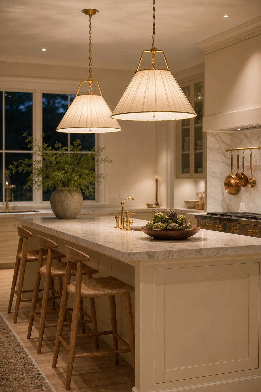 Warm neutral kitchen island with soft shaded pendant lights