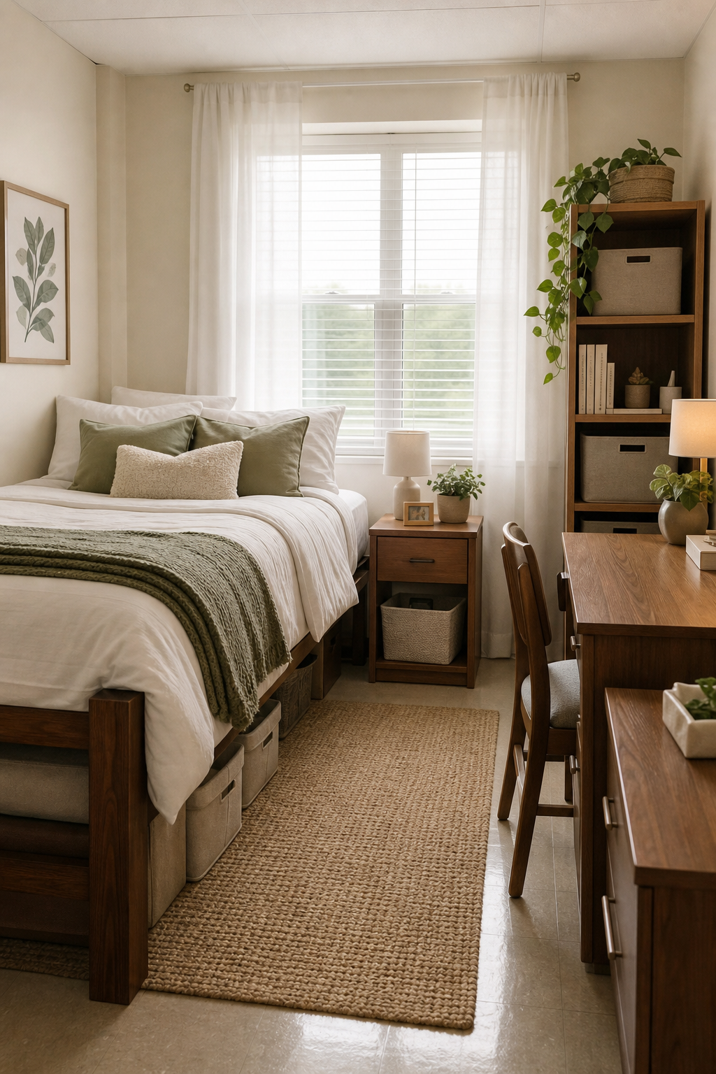 Dorm room with warm white, oat, sage, and walnut color palette