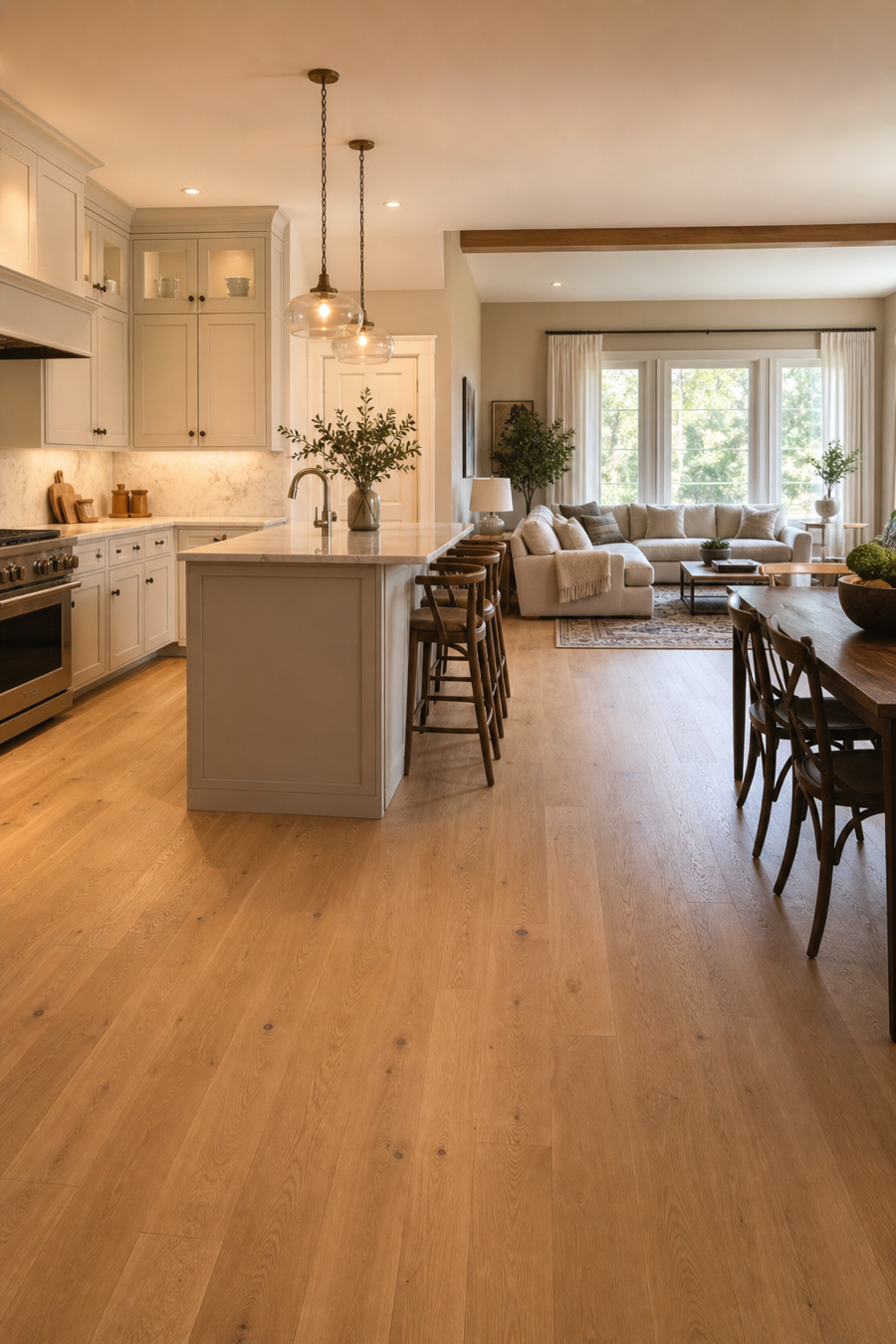 Open kitchen with continuous oak flooring through living space