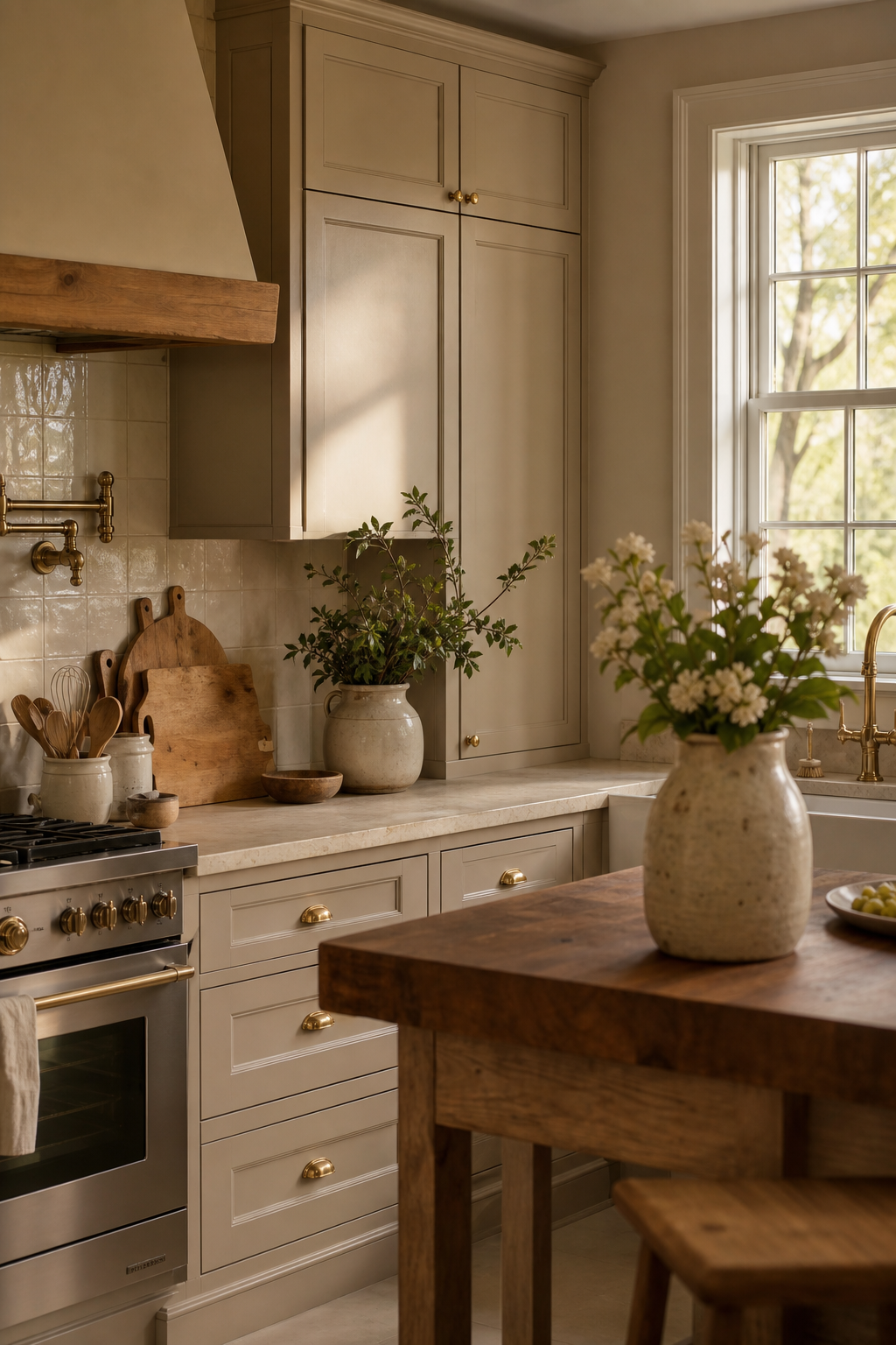 Cozy kitchen with mushroom painted cabinets, brass hardware, and wood accents