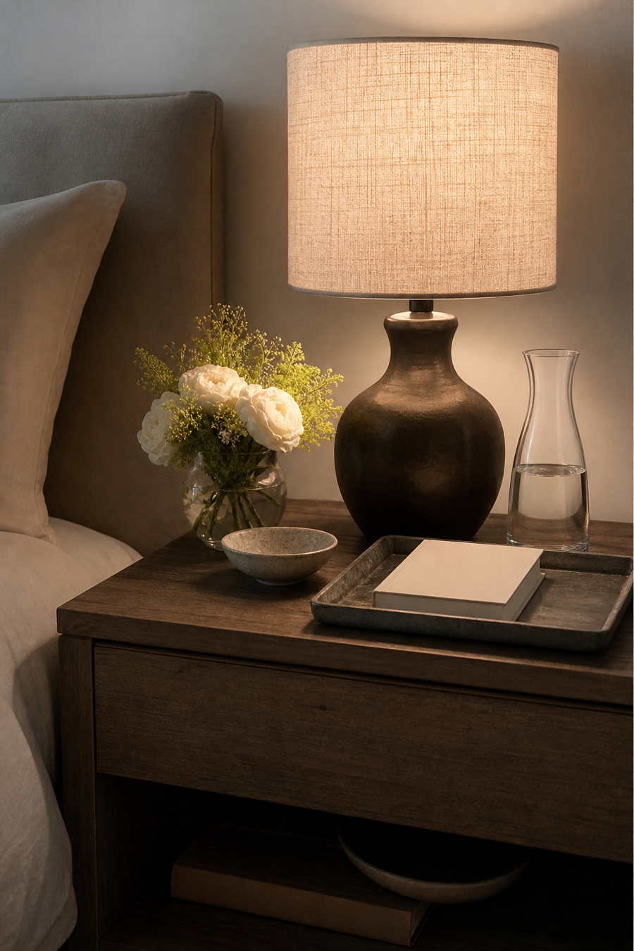 Styled nightstand with lamp, tray, carafe, and low flowers