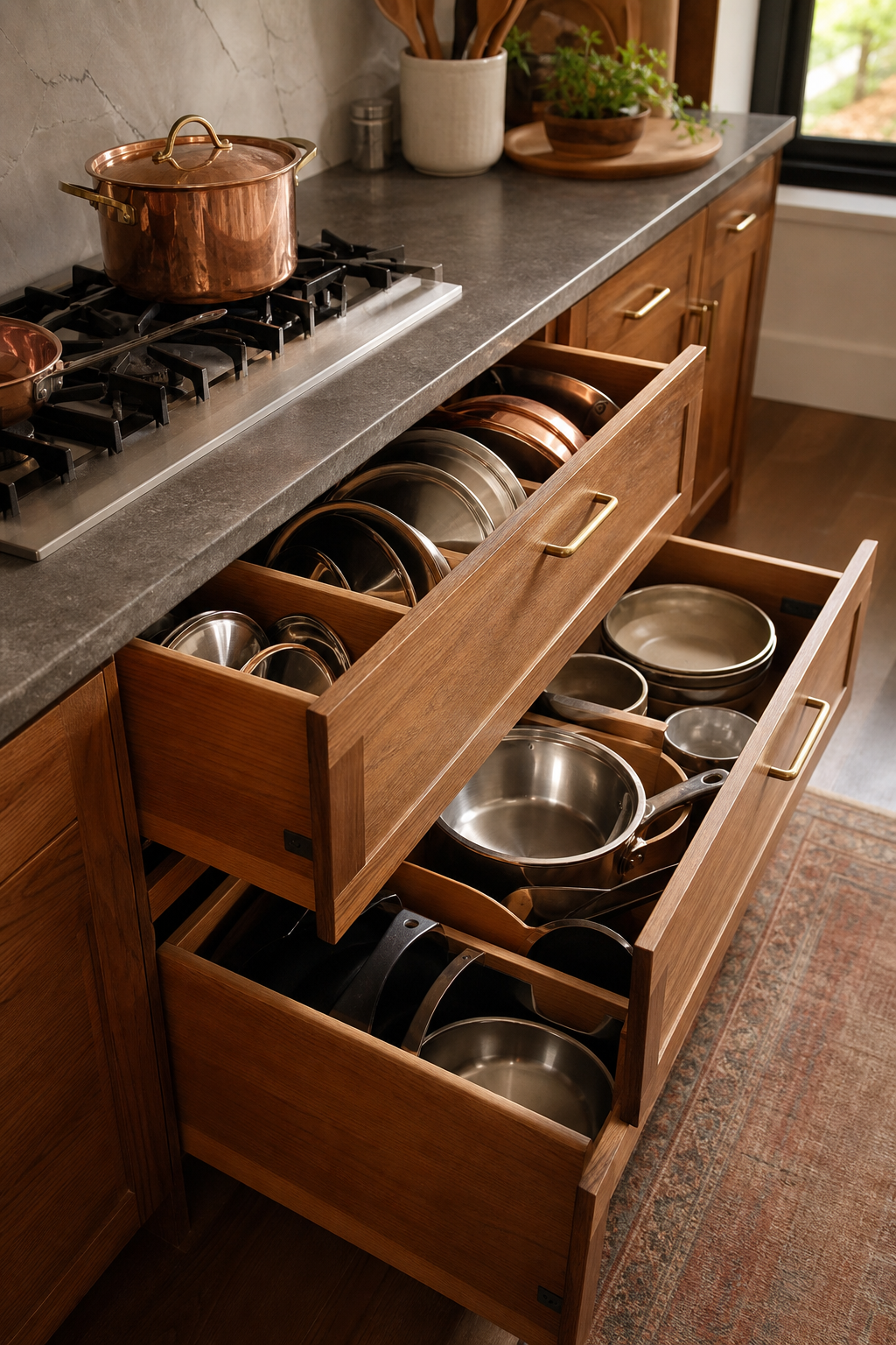 Simple kitchen with deep organized drawers for pans bowls lids and everyday tools