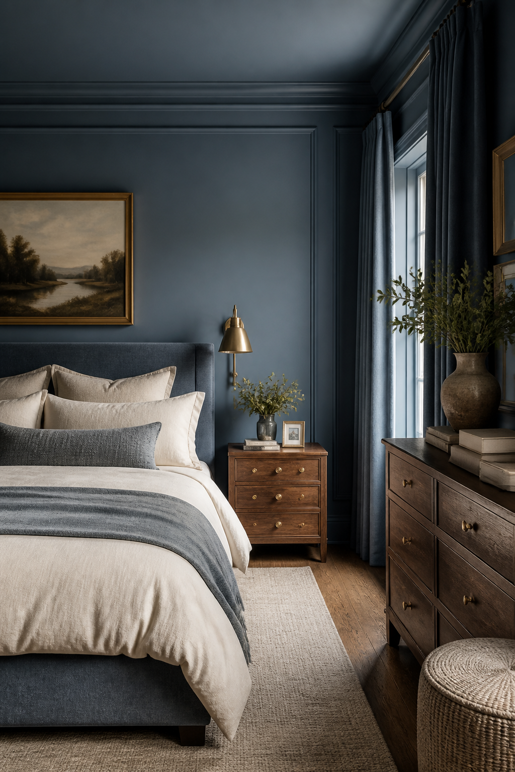 Smoky blue bedroom color envelope with warm wood and brass accents