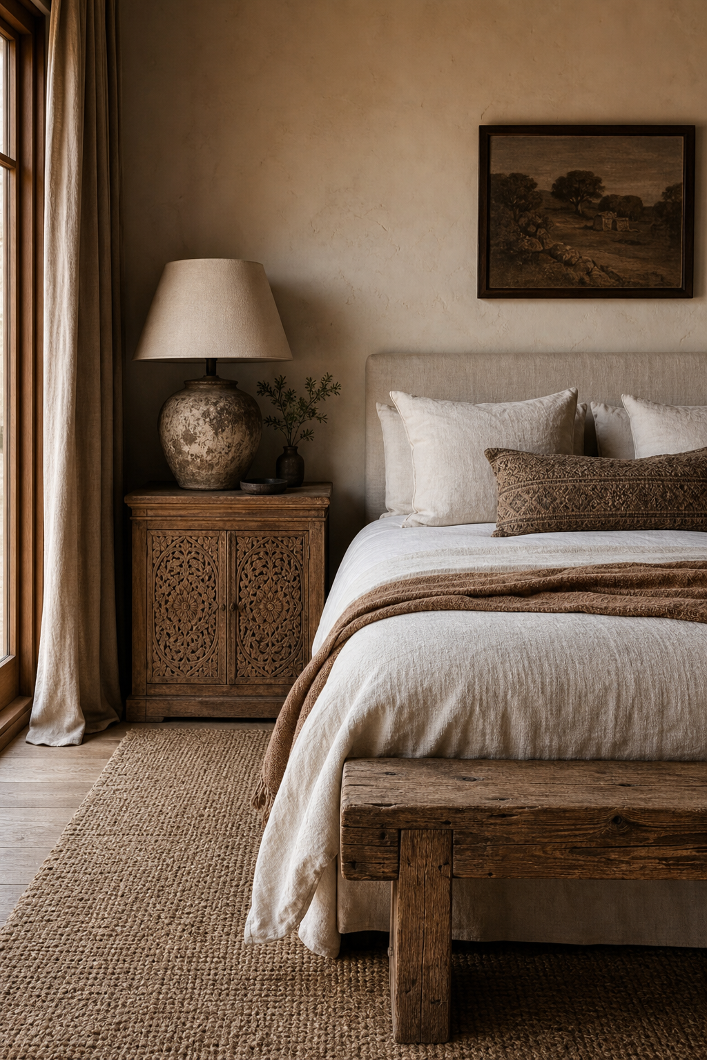 Boho bedroom with reclaimed wood bench and carved nightstand
