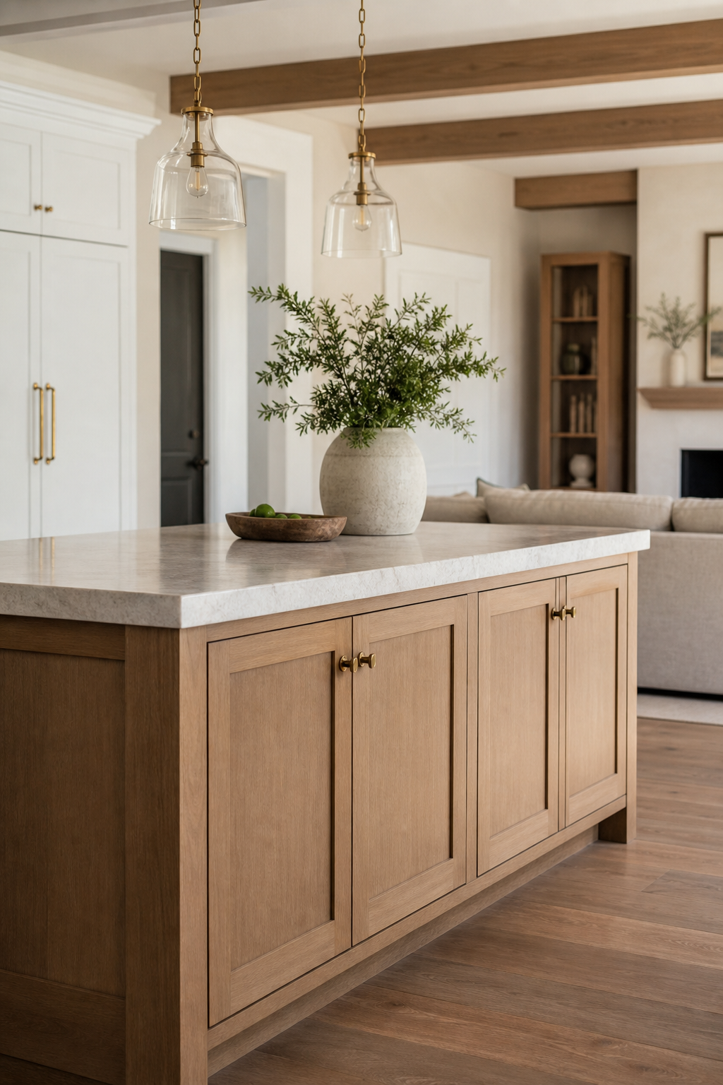 Closed storage doors keeping a kitchen island visually calm