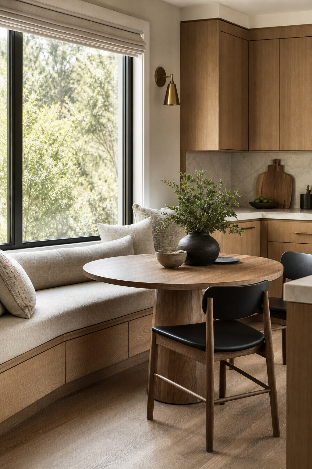 Modern kitchen breakfast nook with linen banquette, oak table, and warm natural light