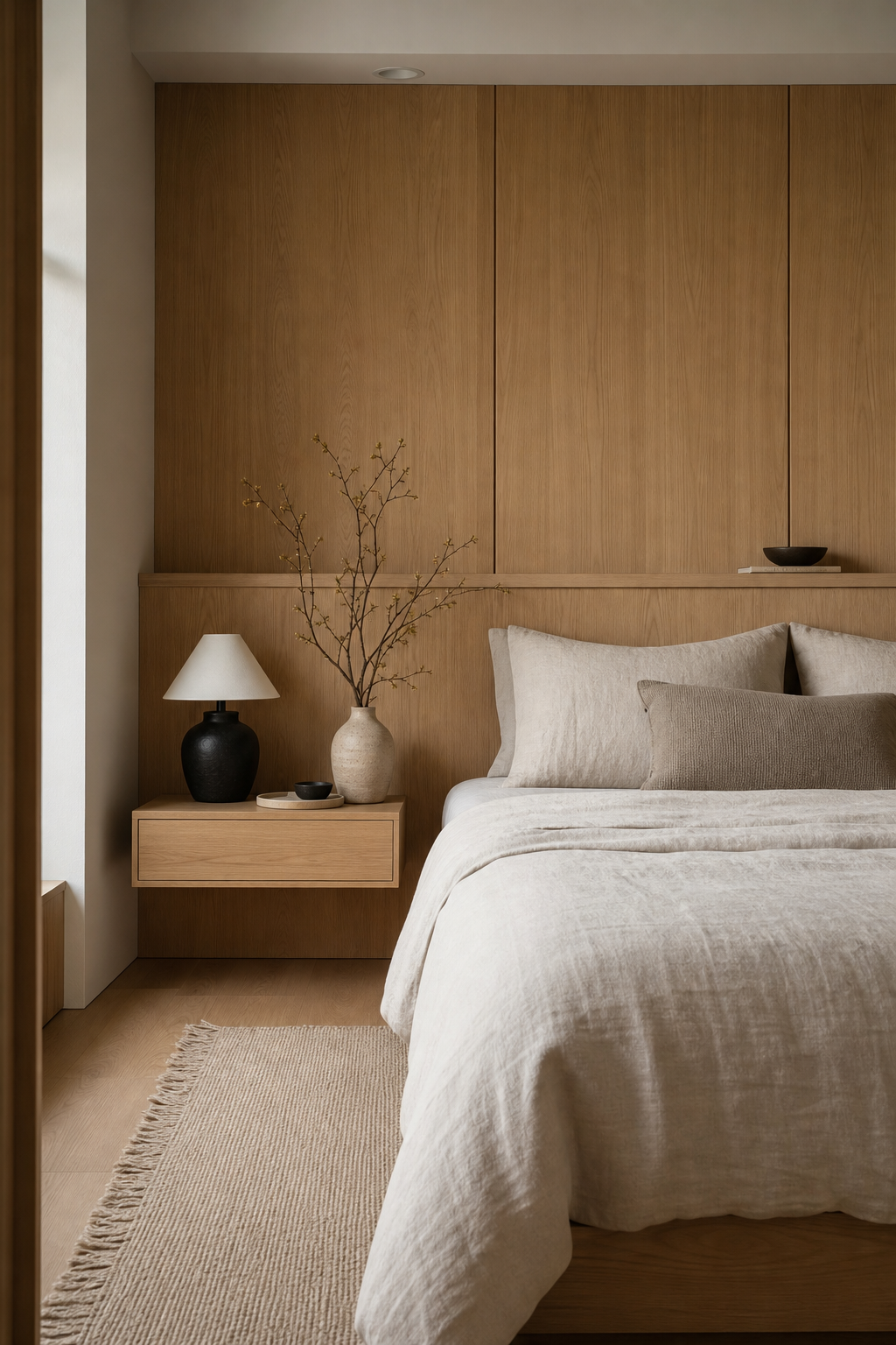 Japandi bedroom with build in Floating Oak Nightstands