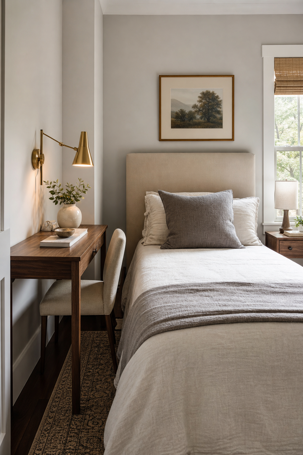 Small bedroom with narrow writing desk used as one bedside table