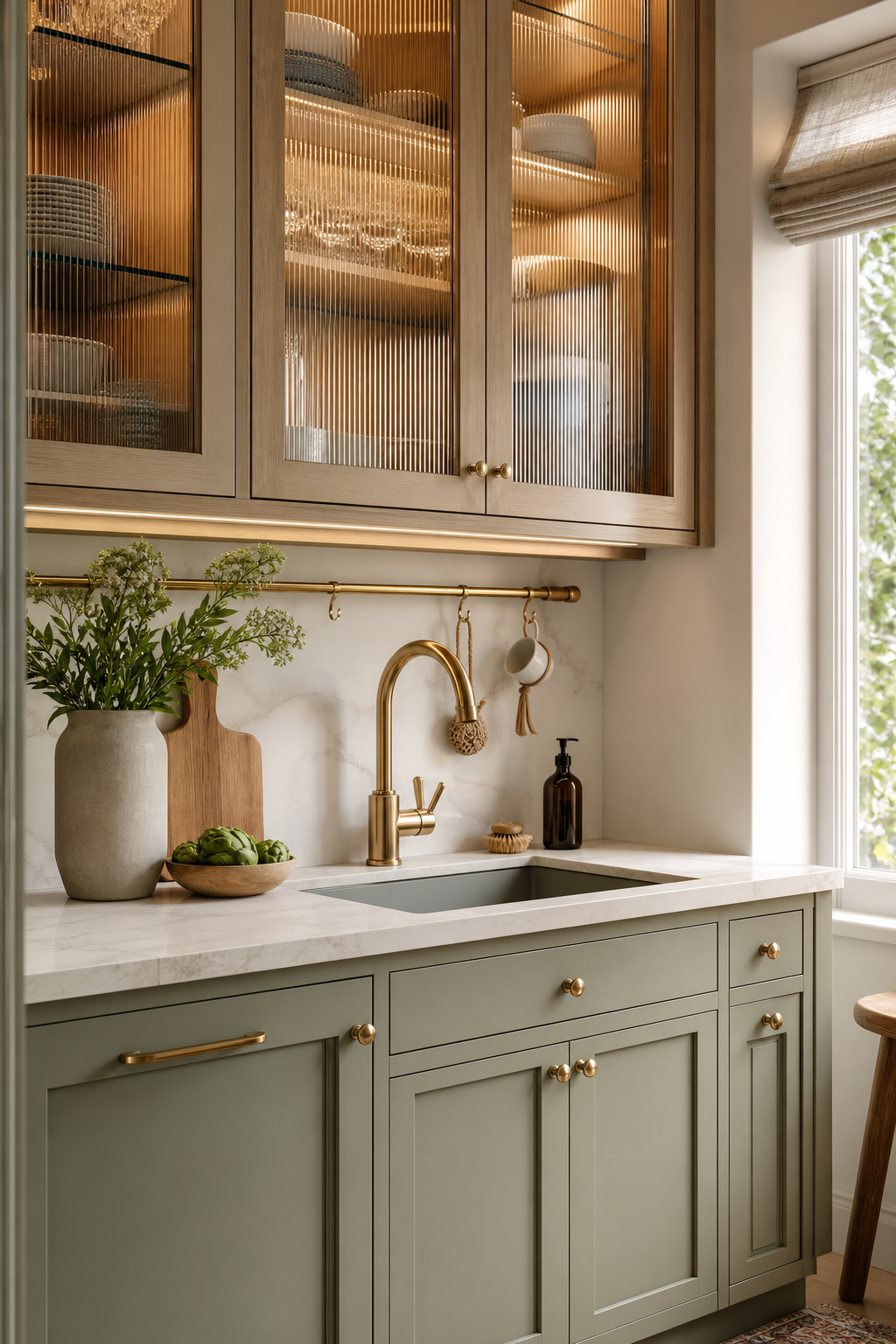 Small kitchen with reeded glass cabinets, sage cabinetry, brass accents, and illuminated dish storage