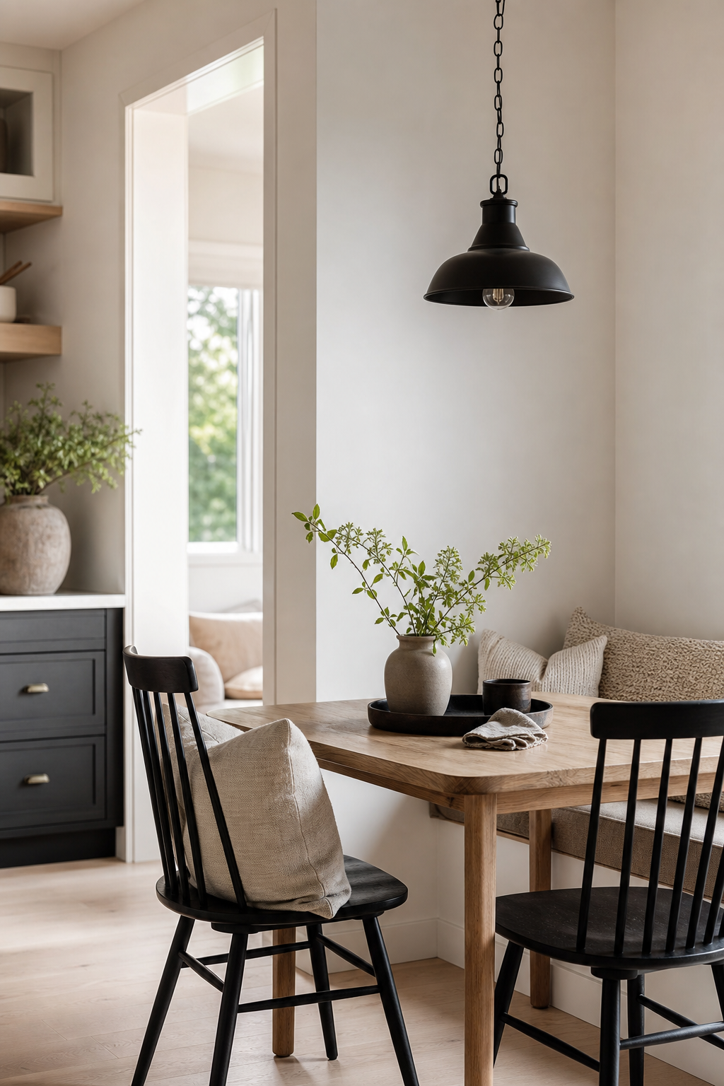 Scandinavian nook with subtle black details and pale oak furniture