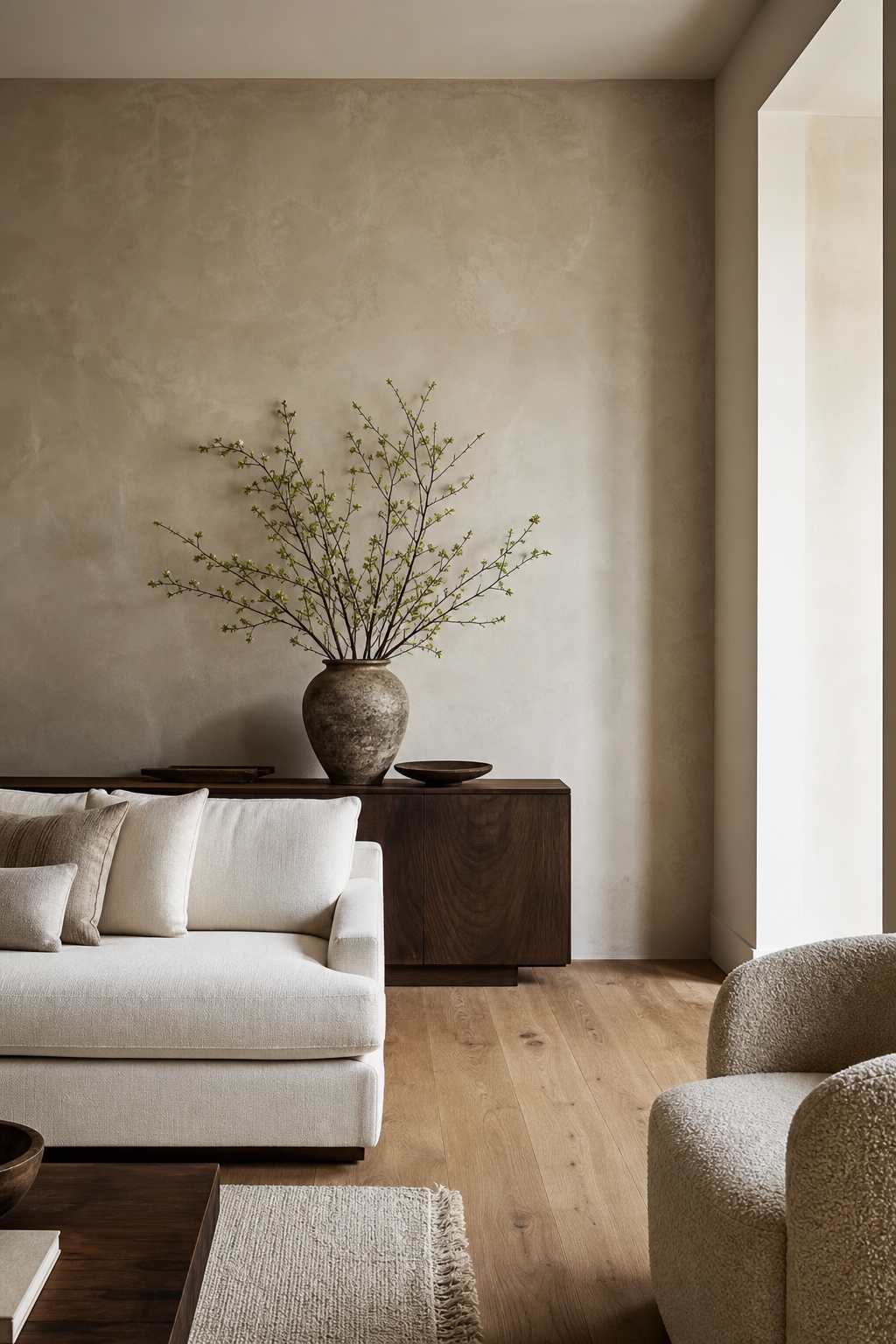 Refined room with warm greige plaster walls, linen furniture, natural oak, ceramic decor, and soft layered lighting
