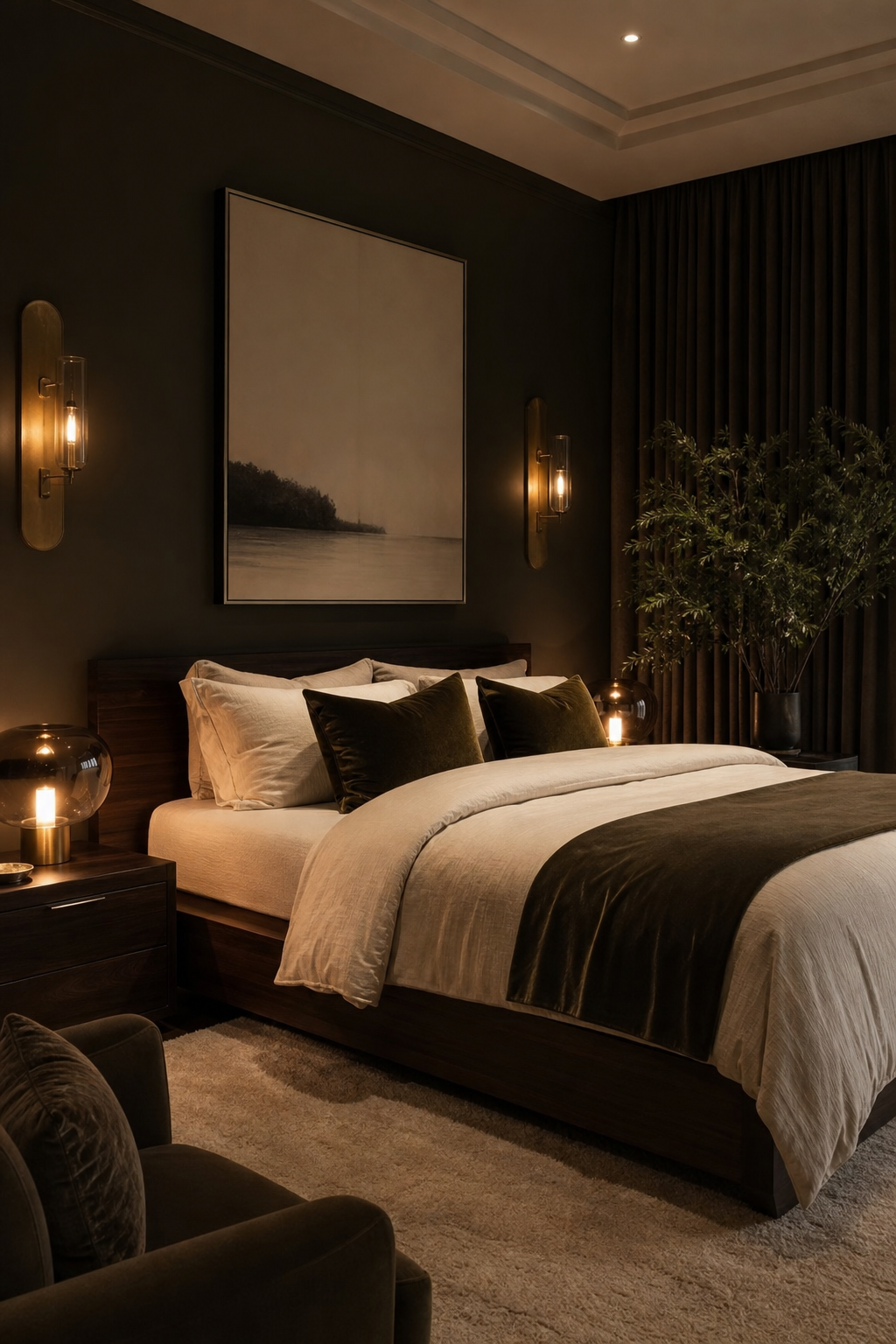 Moody contemporary bedroom with dark walls, ivory bedding, and warm brass lighting