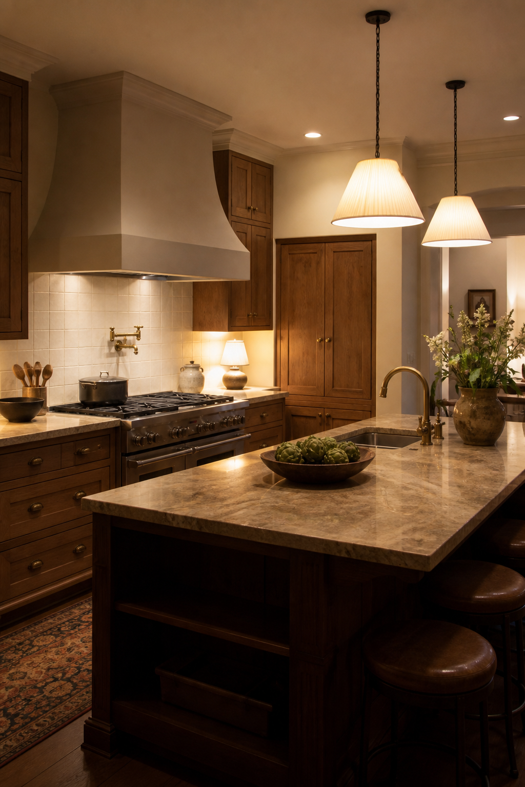 soft lighting at several heights in a warm functional kitchen