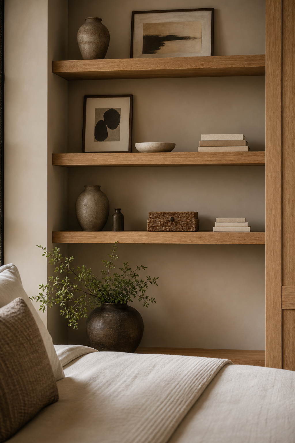 Personal bedroom shelves styled with books, ceramics, baskets, framed art, and breathing room