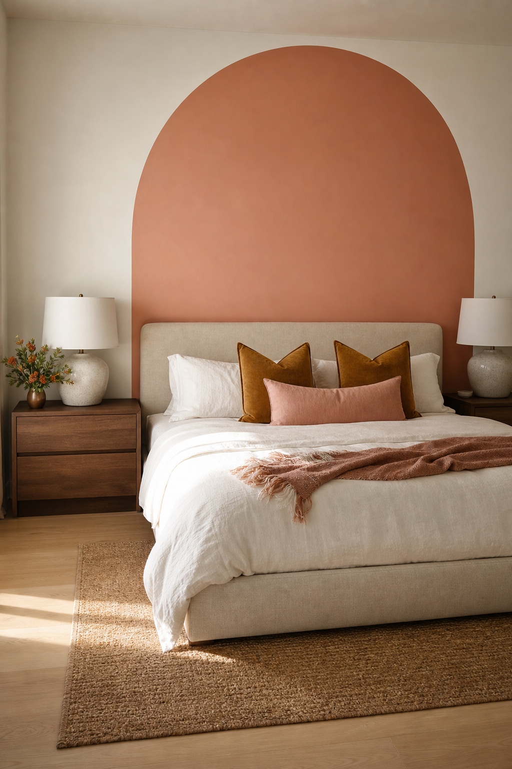 Stylish bedroom with coral color block wall, linen bed, walnut nightstands, and ceramic lamps