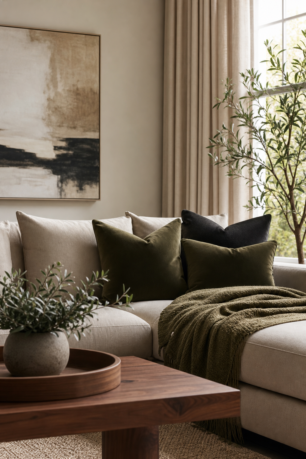 Olive green textiles styled as cool neutral accents