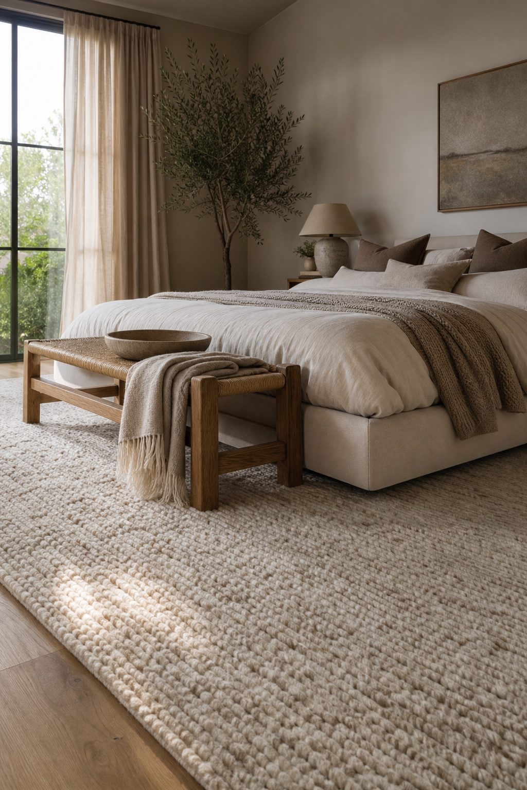 Large textured wool rug grounding a modern neutral bedroom