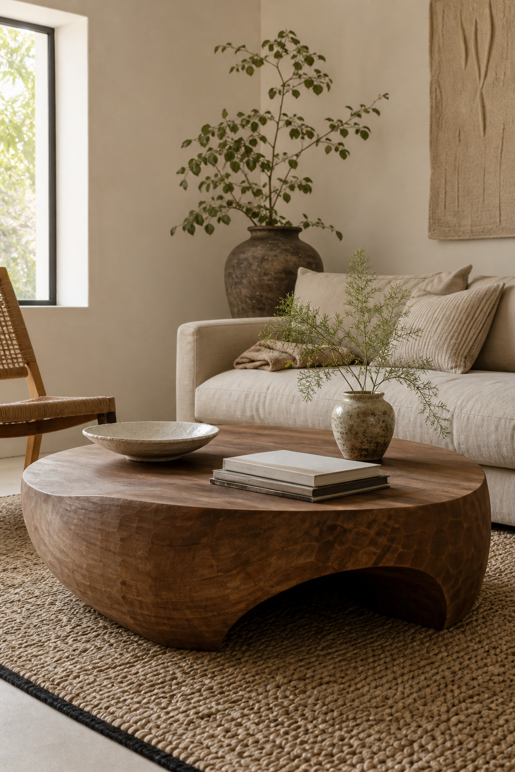 Low sculptural wood coffee table styled simply in a boho living room