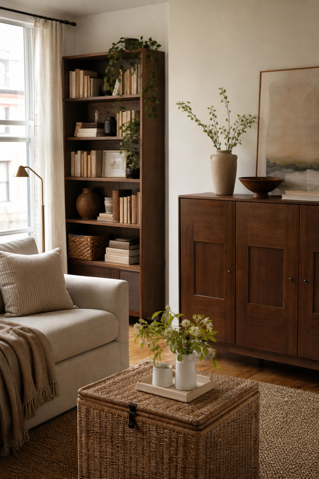 Stylish apartment storage with media cabinet bookcase and woven trunk
