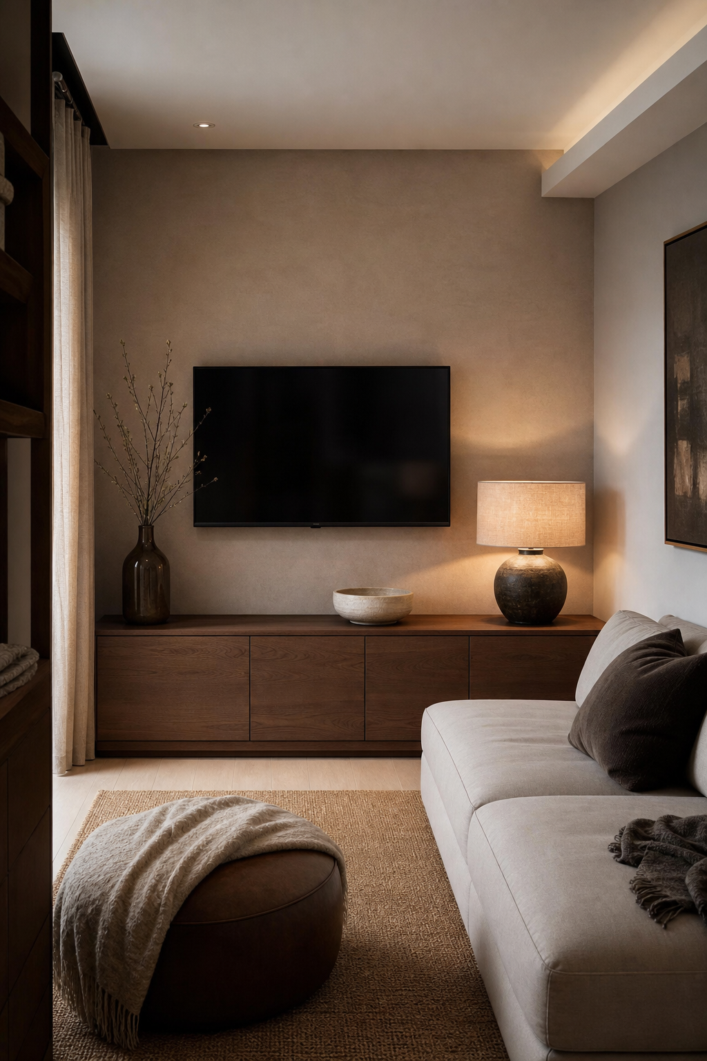 Small living room with low closed media storage