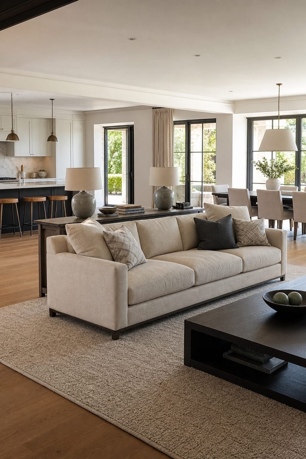 Floated beige 3 seater sofa defining the lounge area in an open-plan living room
