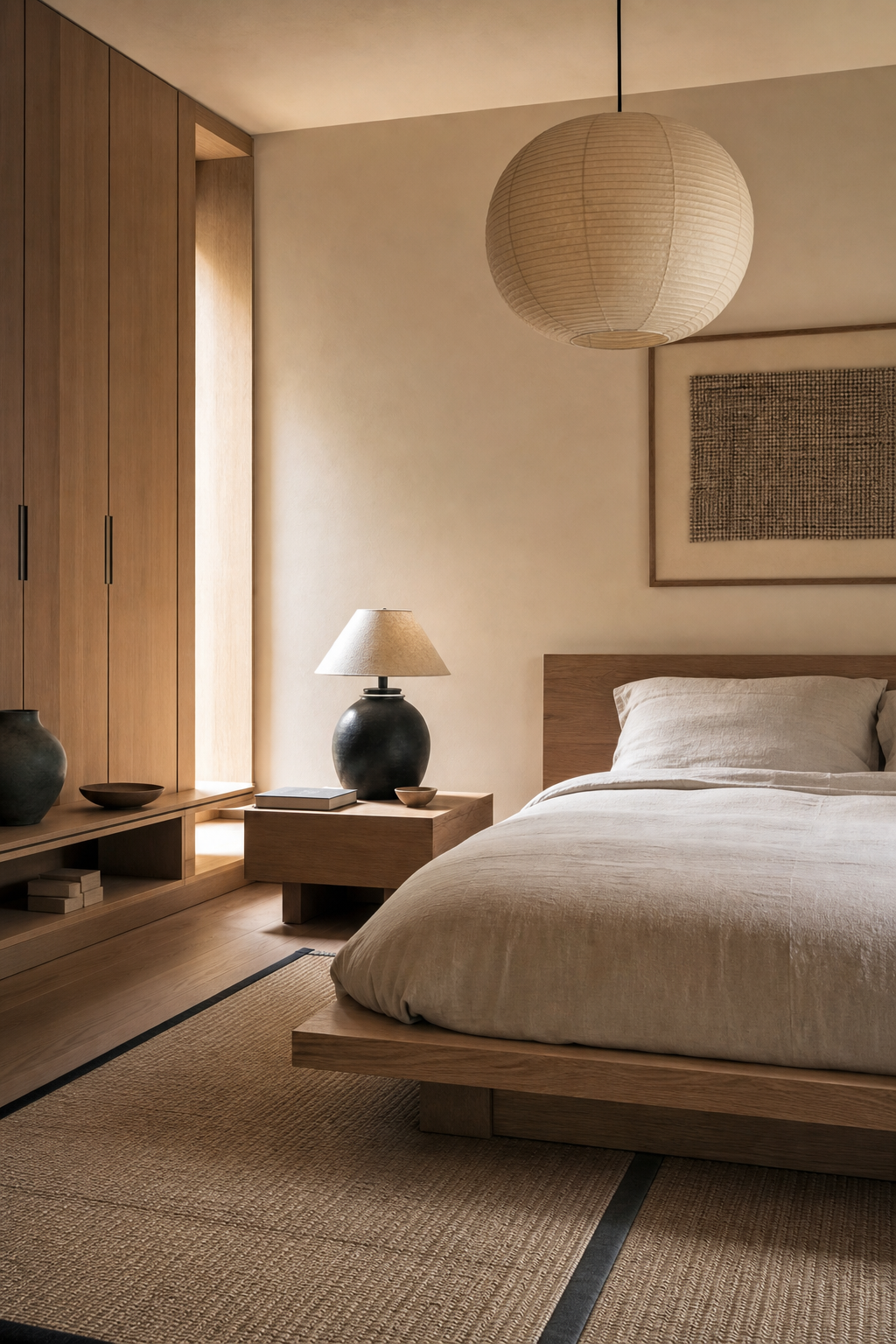 Japandi bedroom with low oak bed, paper lantern, and warm minimalist storage