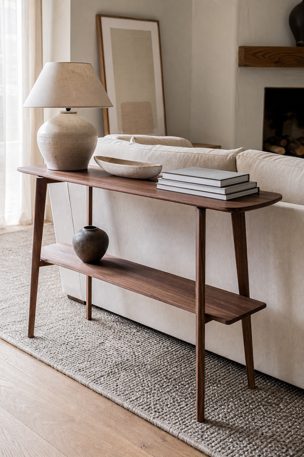 Slim walnut console behind a sofa in a cozy stylish small apartment