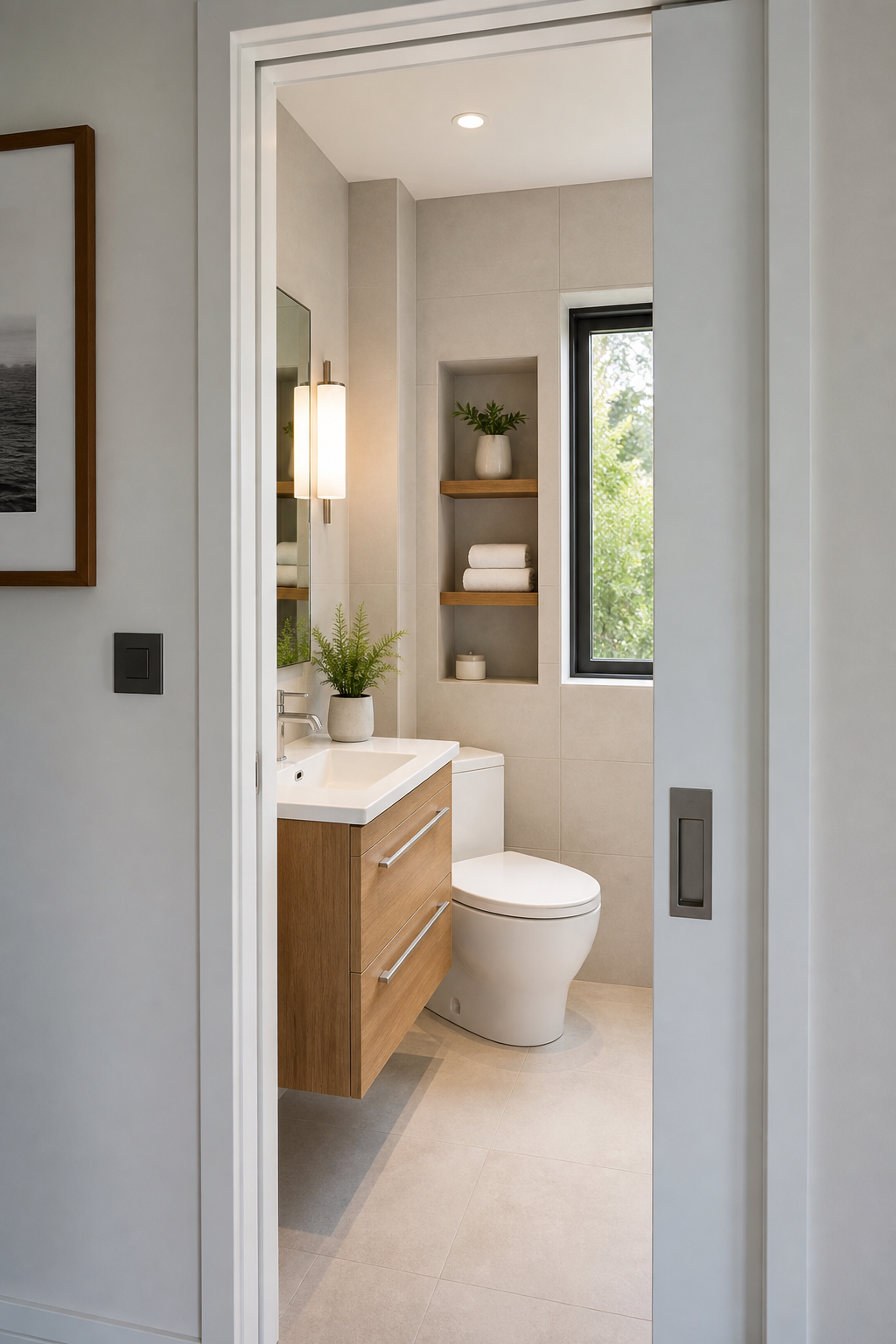 Small full bathroom idea with pick a pocket door when swing space is tight
