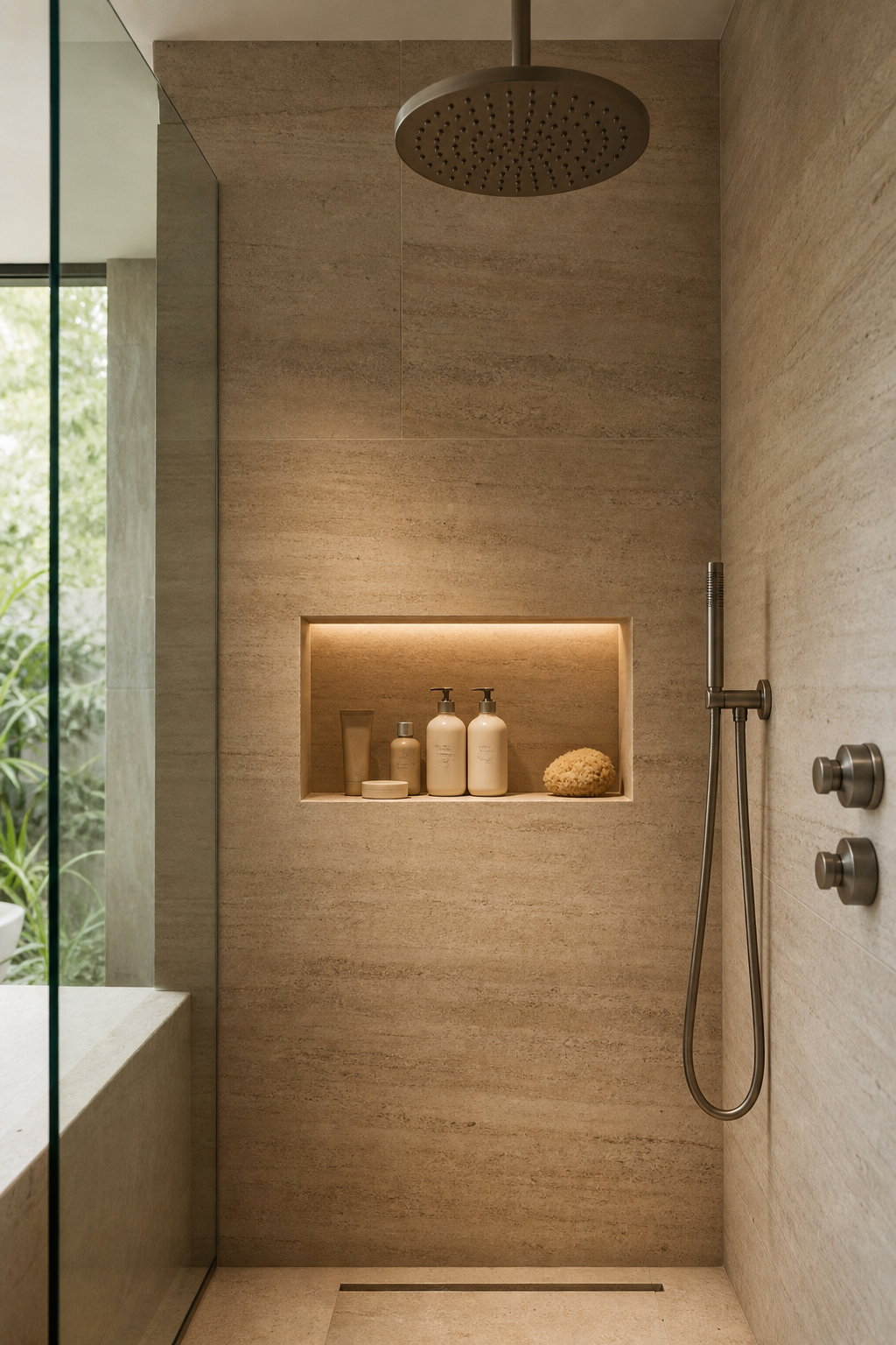 Recessed shower niche built into warm stone tile in a modern bathroom