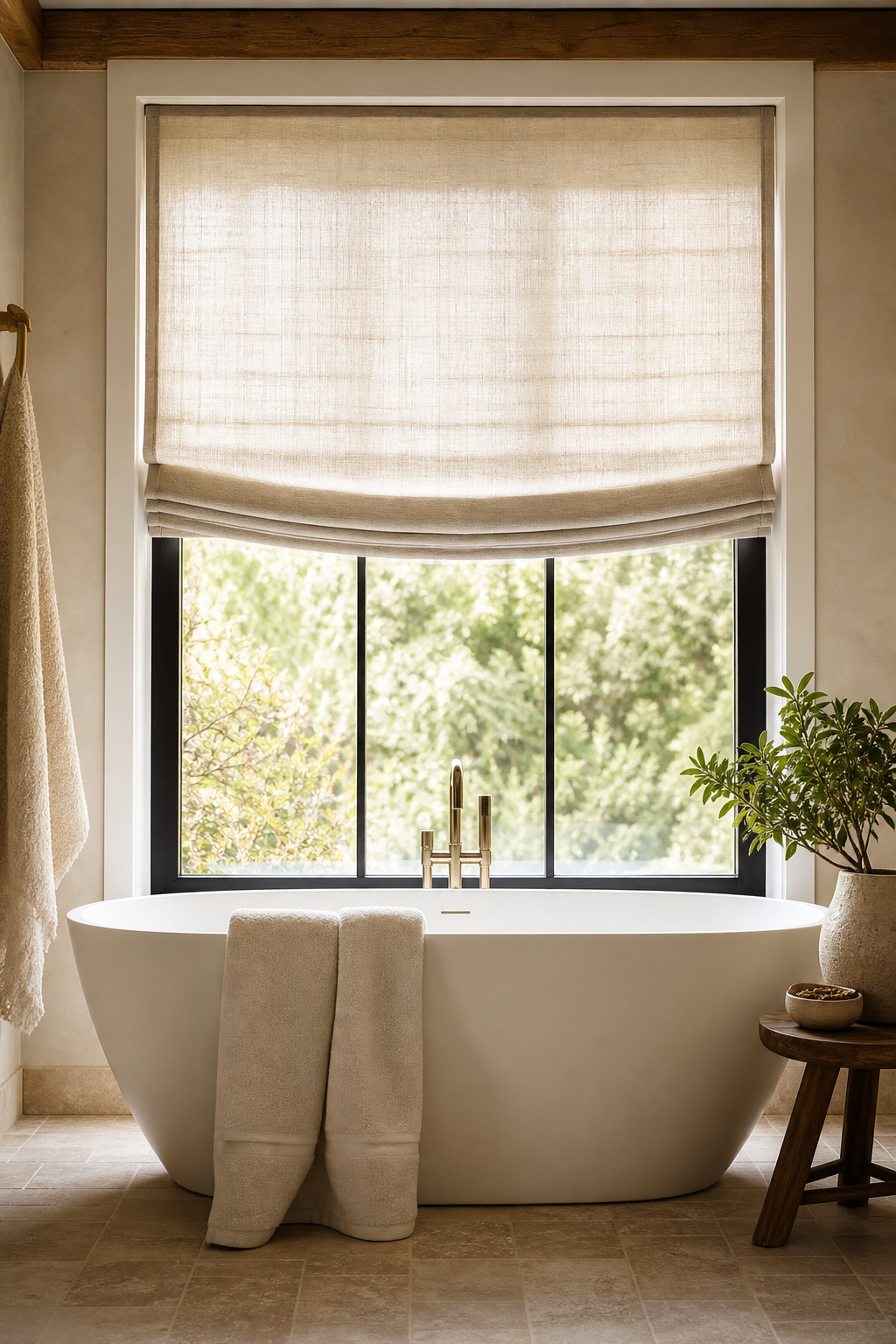 Bathroom window with linen Roman shade above a tub