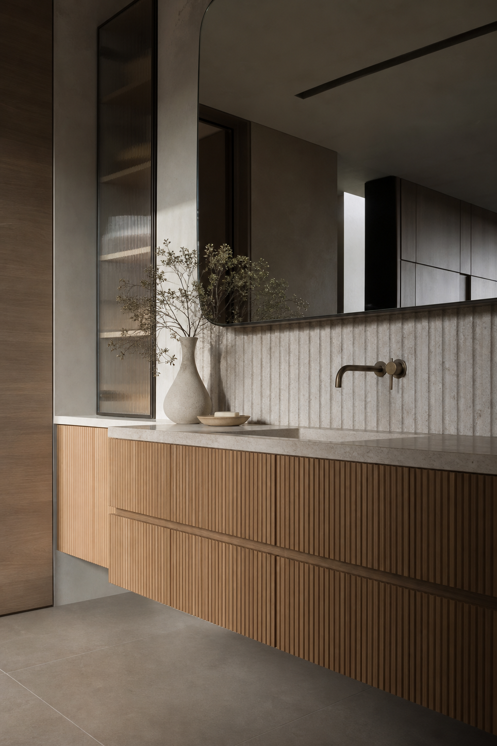 Modern bathroom vanity with reeded oak fronts and fluted stone backsplash