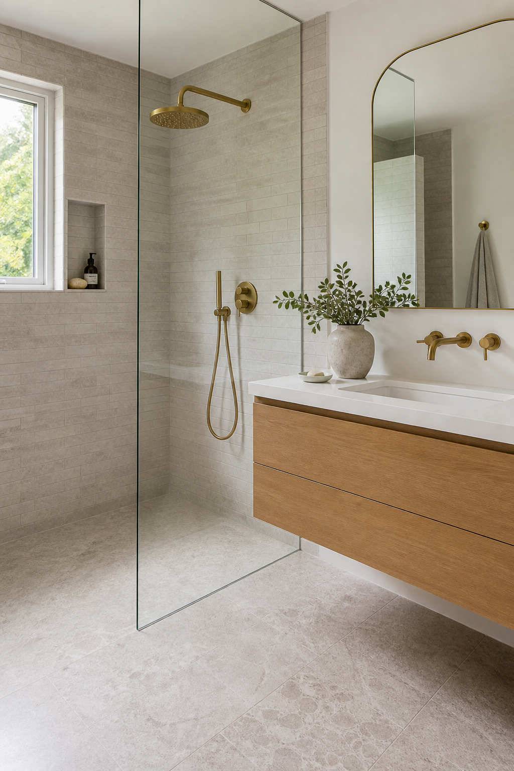 Small bathroom with clear glass shower screen and open layout