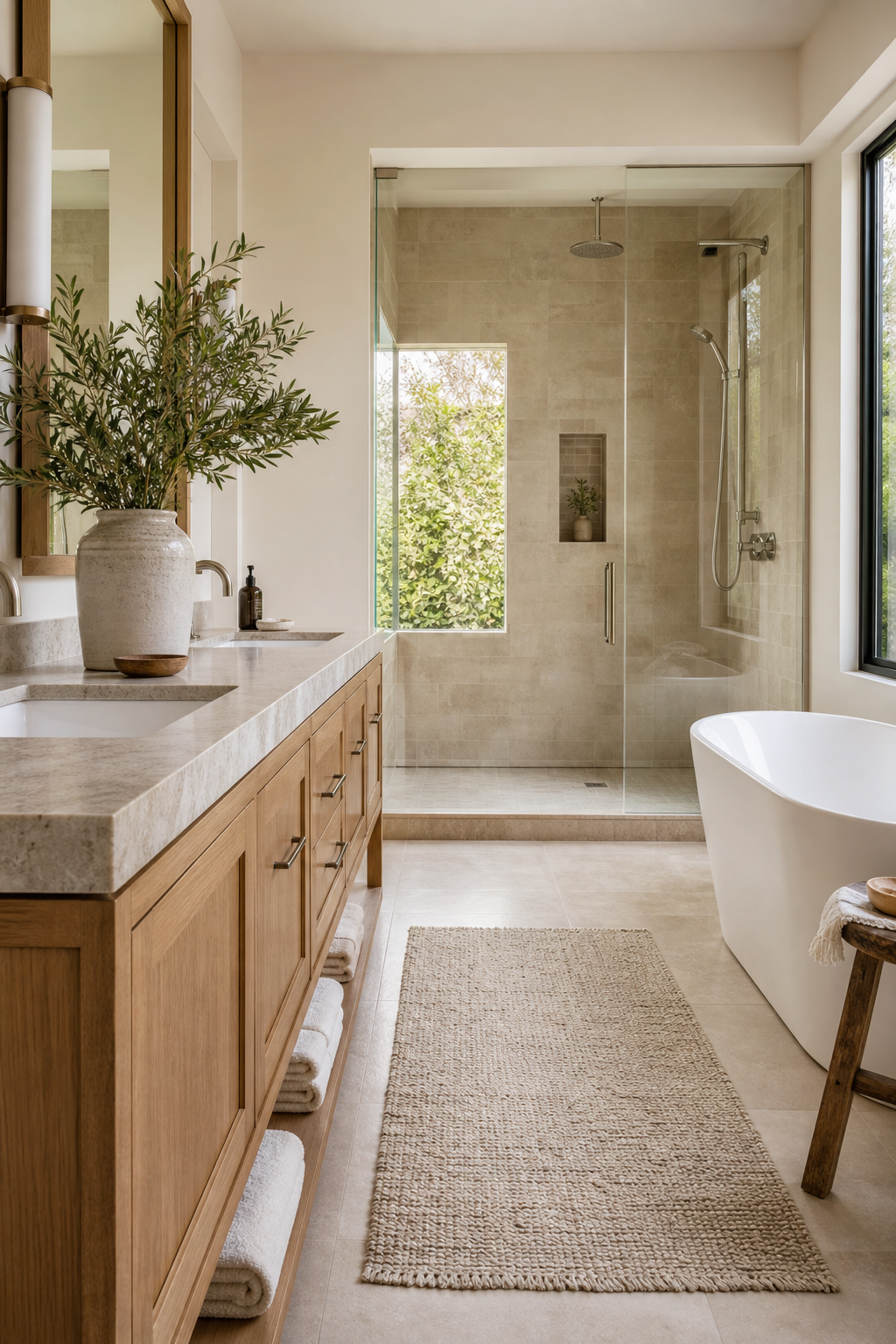 Natural wood vanity in a spa-like master bathroom