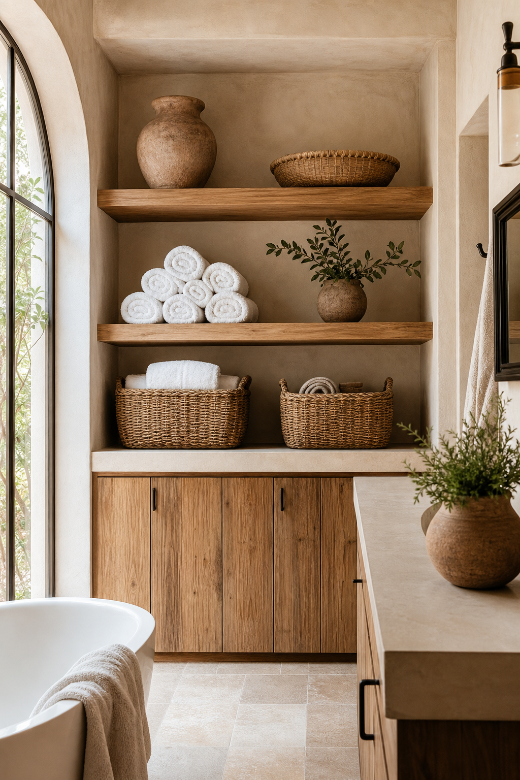 bring in woven baskets for storage in a cozy spa-like bathroom