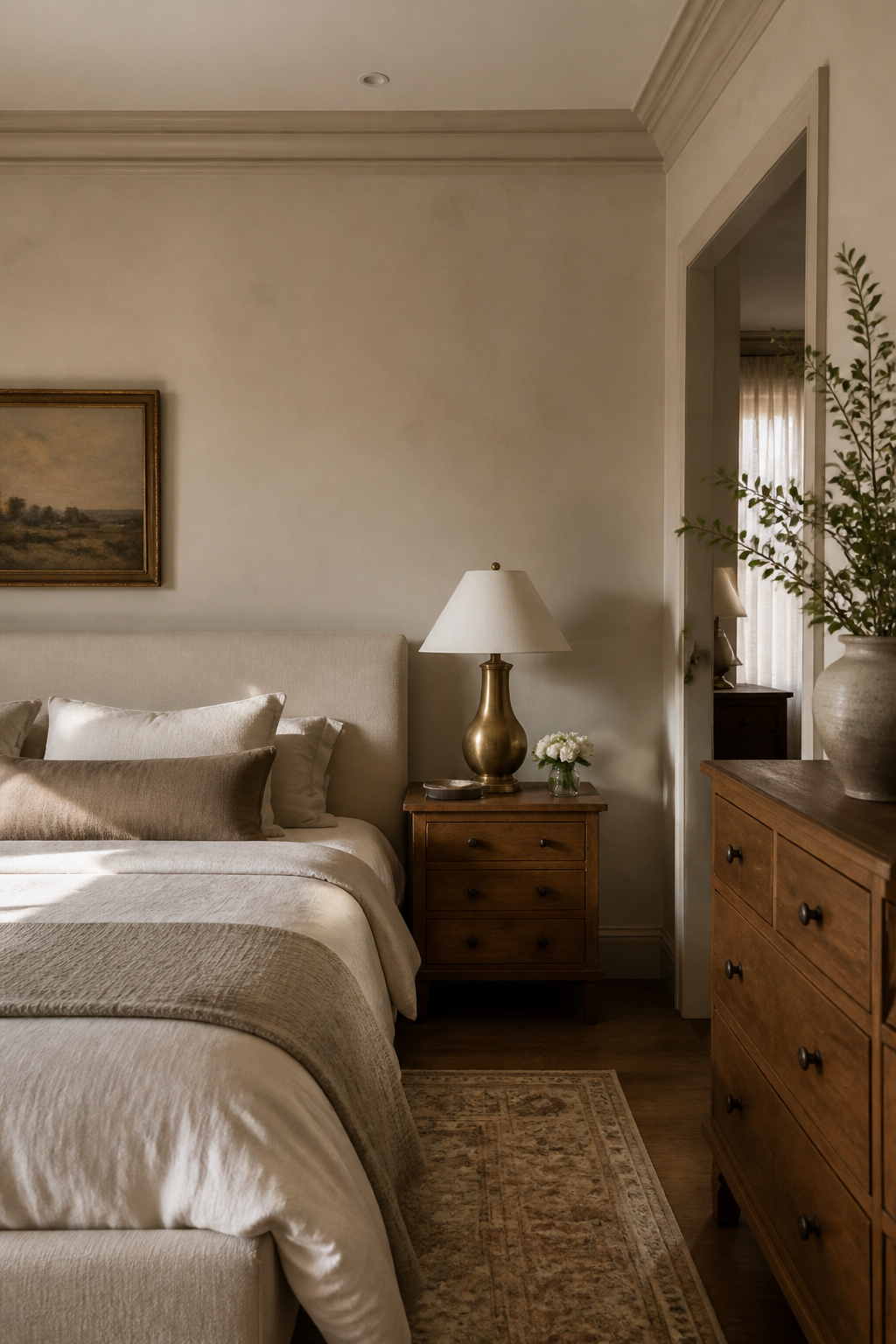Warm neutral bedroom walls creating a soft cozy retreat
