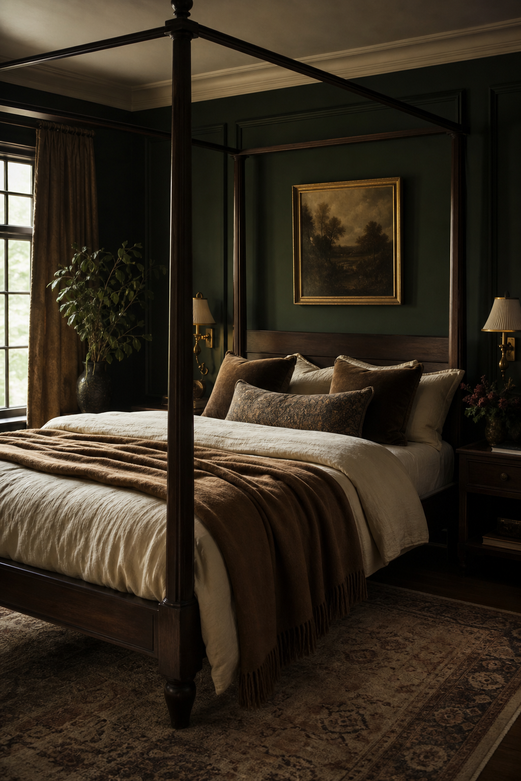 Dark wood canopy bed against deep green bedroom walls