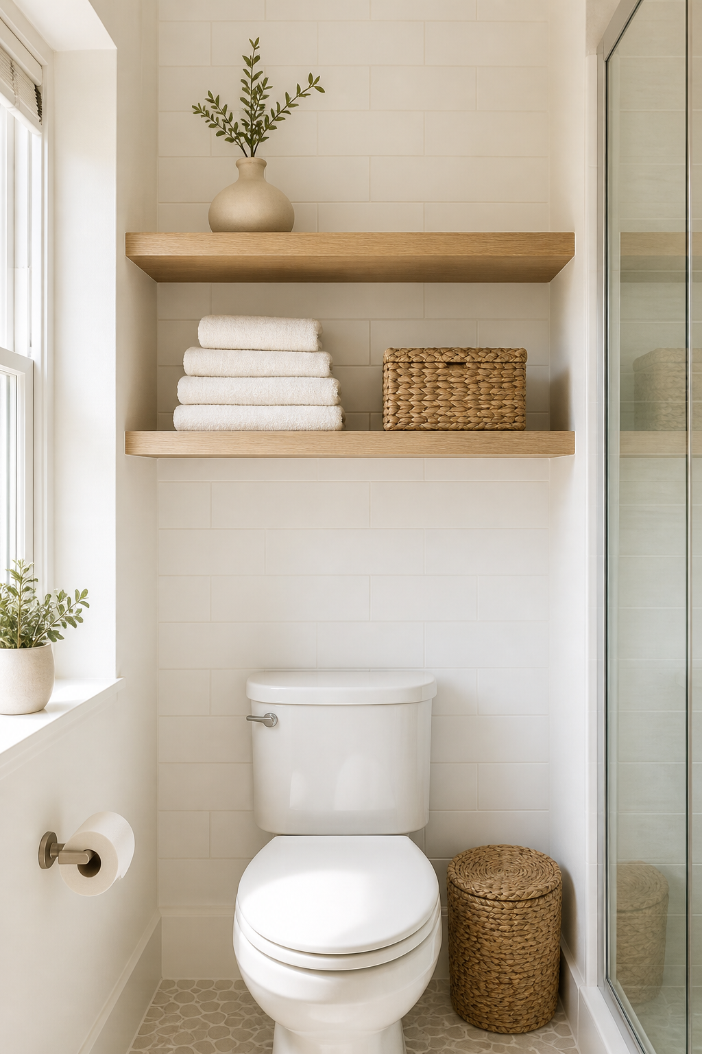 Shallow open shelves above a toilet in a tiny fresh bathroom
