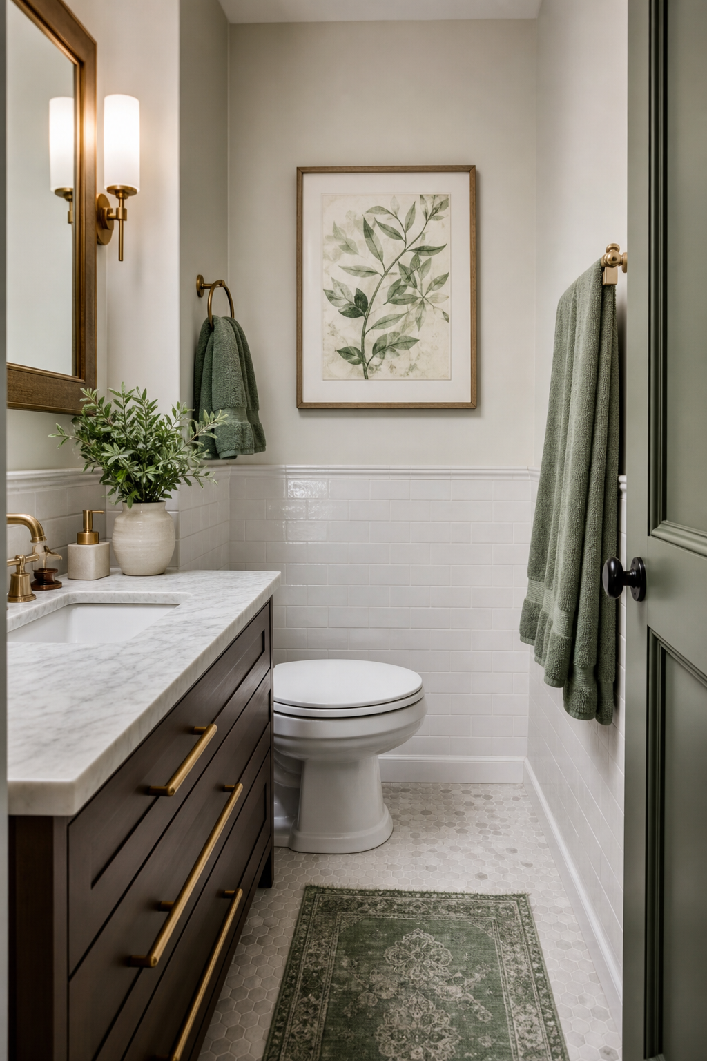 Small bathroom interior idea with carry color through towels and art