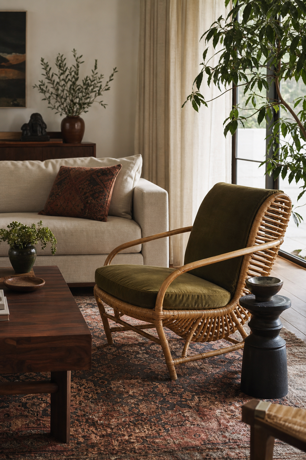 Rattan chair balancing tailored eclectic furniture