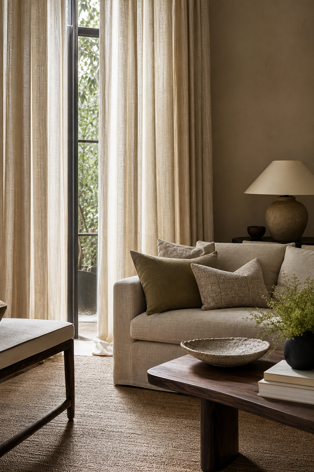 Cozy living room with tall linen curtains and warm seating