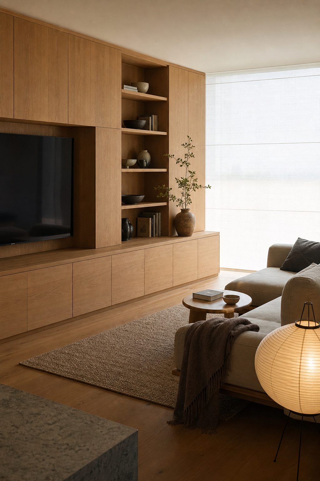 Japandi living room with long oak built-in storage and edited shelves