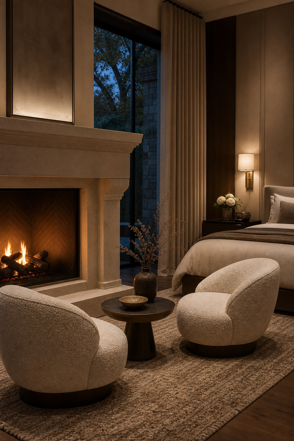 Luxury master bedroom lounge area with fireplace and boucle chairs
