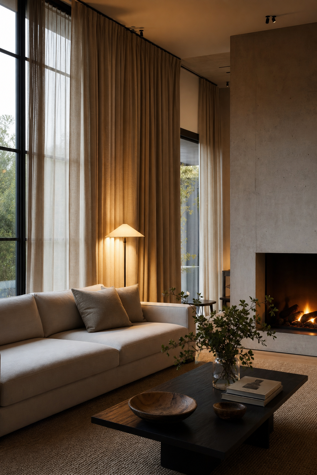 Contemporary living room softened with full-length oatmeal linen curtains
