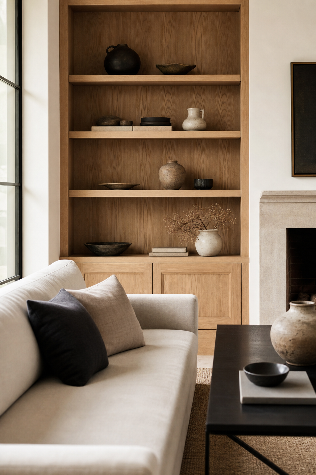 add warmth with oak shelving in a cozy minimalist living room